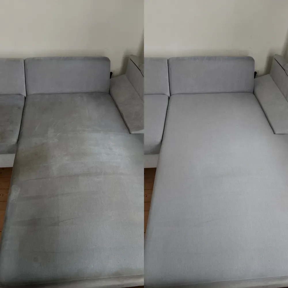 Graues Ecksofa vor und nach der Polsterreinigung