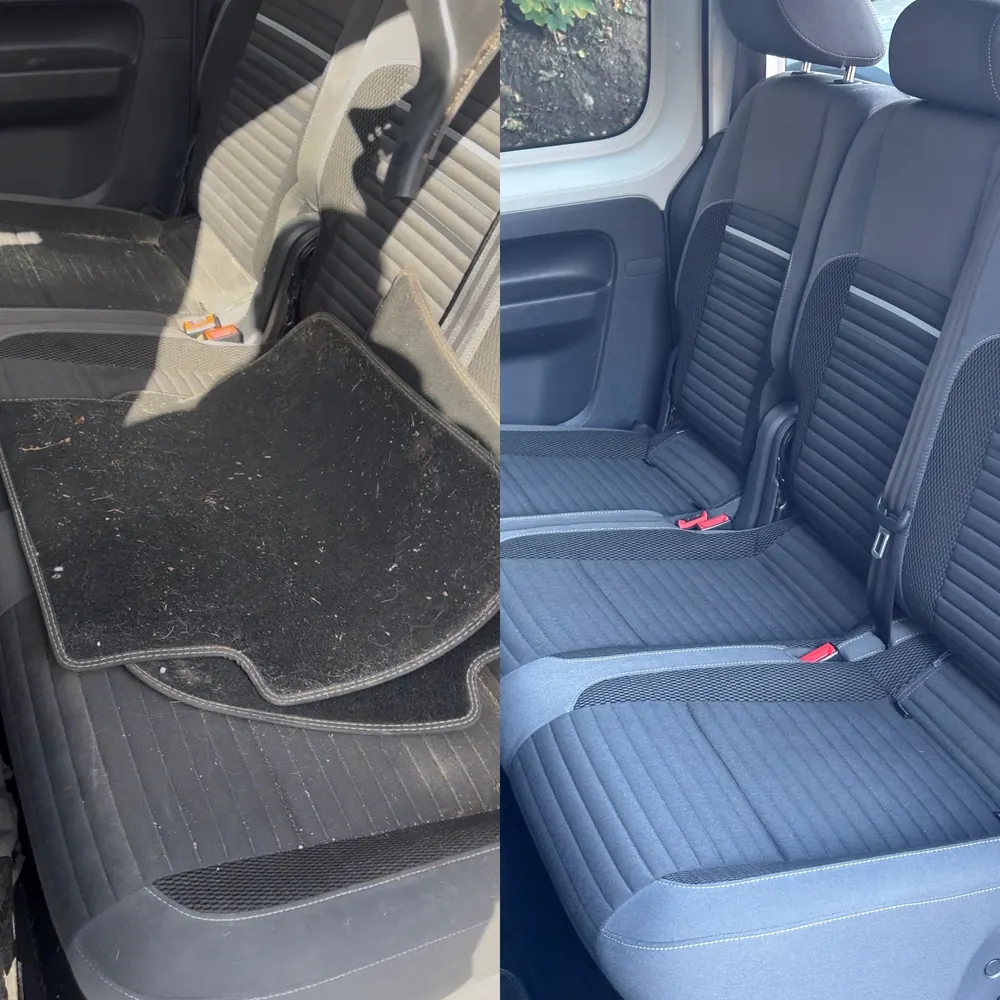 VW Caddy Rücksitze und Fußmatte vor und nach der Reinigung